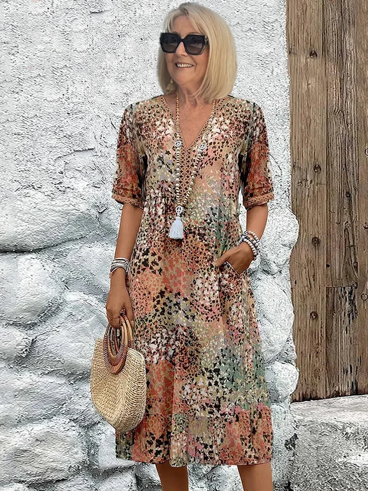 Robe Midi Imprimée Femme Bohème Col V
