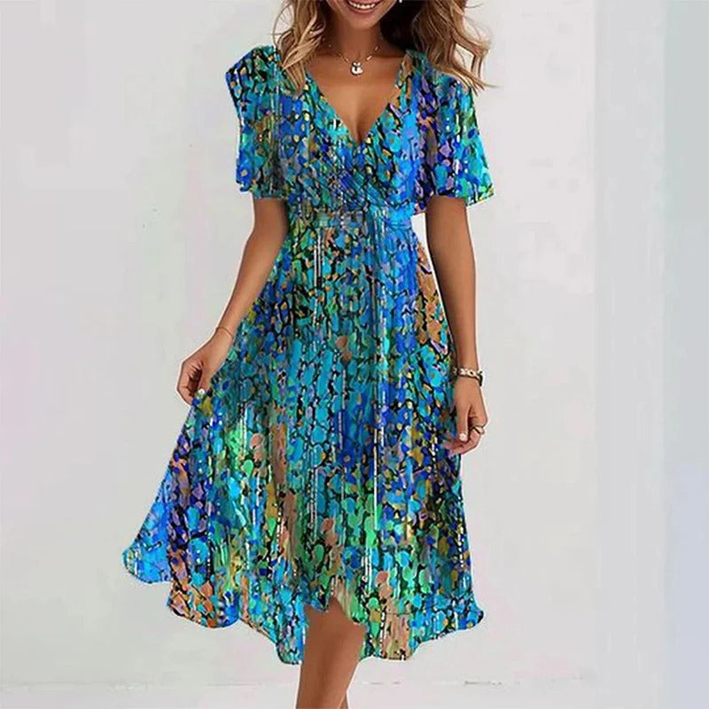 Robe Midi Fleurie à Col en V et Taille Cintrée Pour Femme