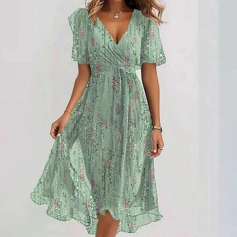 Robe Midi Fleurie à Col en V et Taille Cintrée Pour Femme