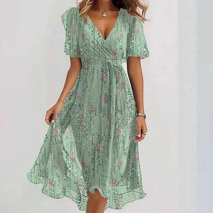 Robe Midi Fleurie à Col en V et Taille Cintrée Pour Femme