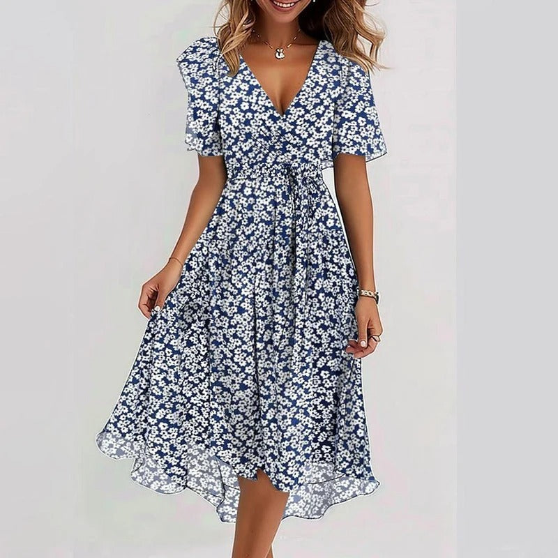 Robe Midi Fleurie à Col en V et Taille Cintrée Pour Femme