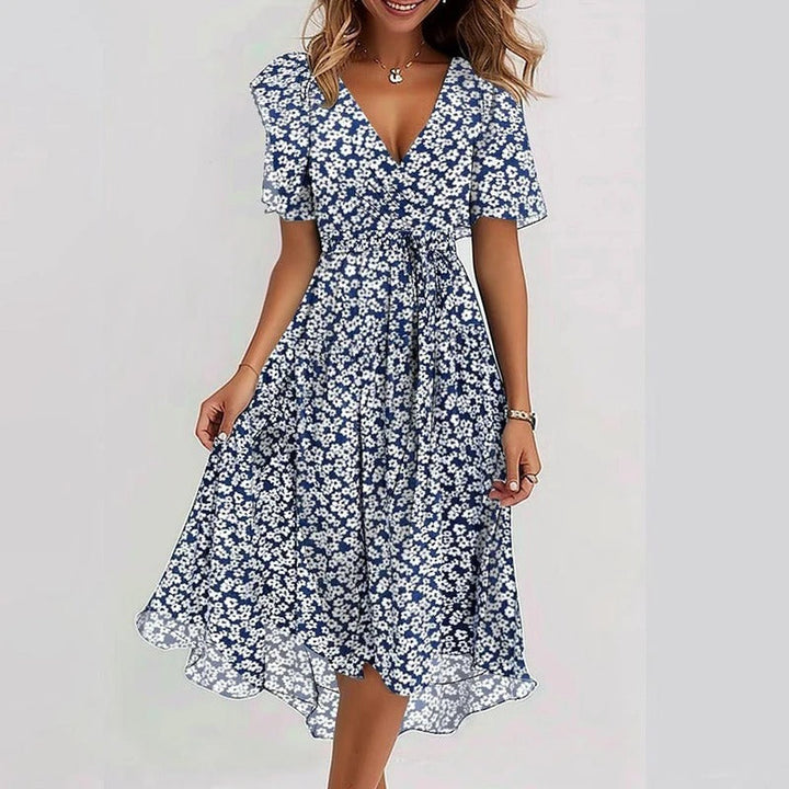 Robe Midi Fleurie à Col en V et Taille Cintrée Pour Femme