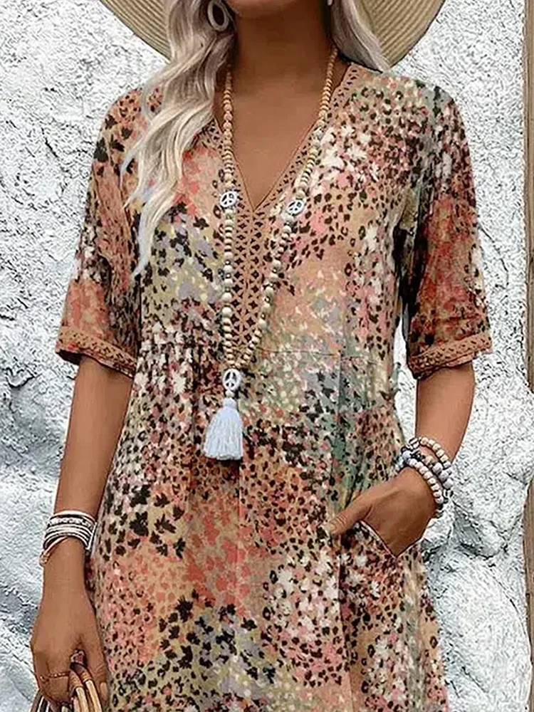 Mini-Robe Imprimée à Col en V et Manches 3/4 Pour Femme