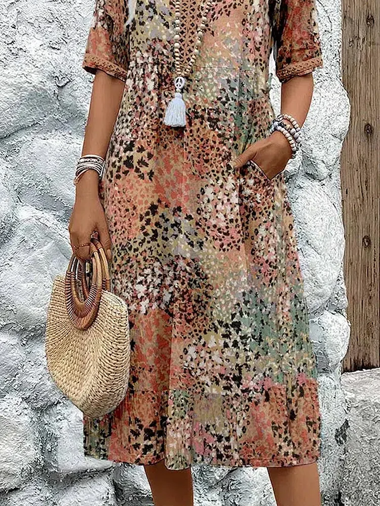 Mini-Robe Imprimée à Col en V et Manches 3/4 Pour Femme
