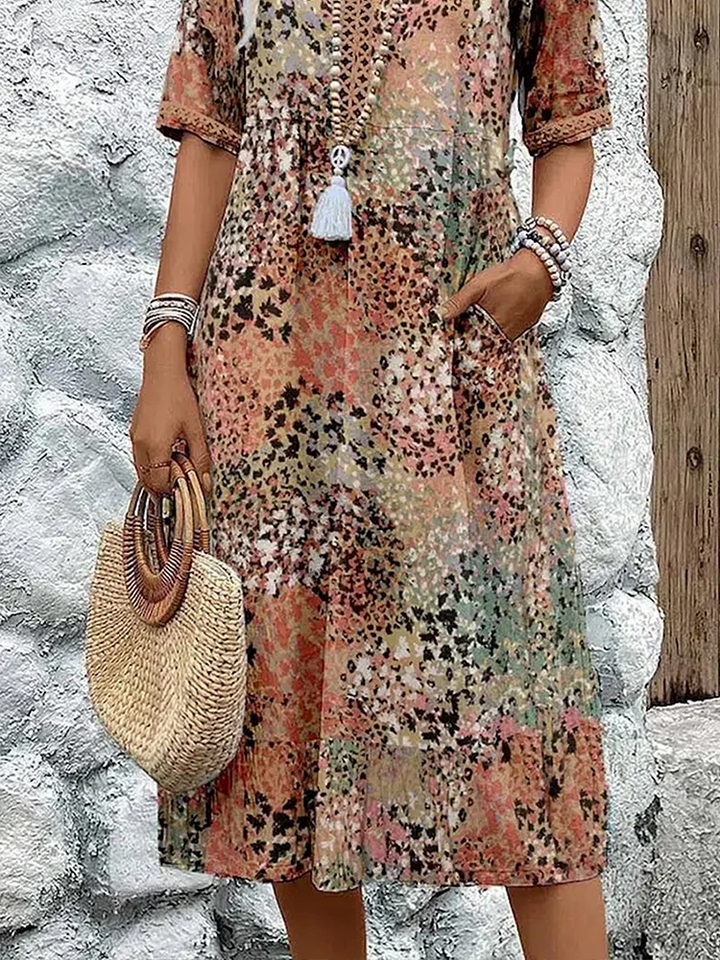 Mini-Robe Imprimée à Col en V et Manches 3/4 Pour Femme