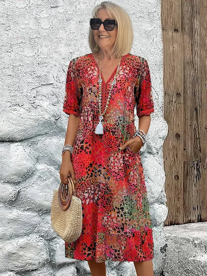 Robe Midi Imprimée Femme Bohème Col V