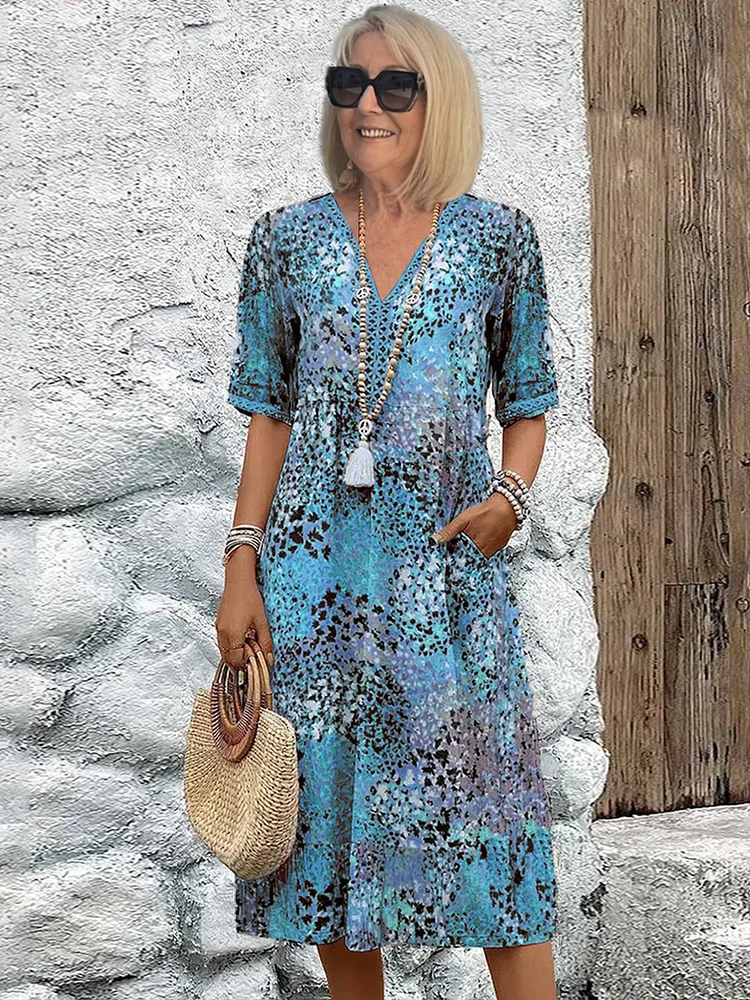 Robe Midi Imprimée Femme Bohème Col V