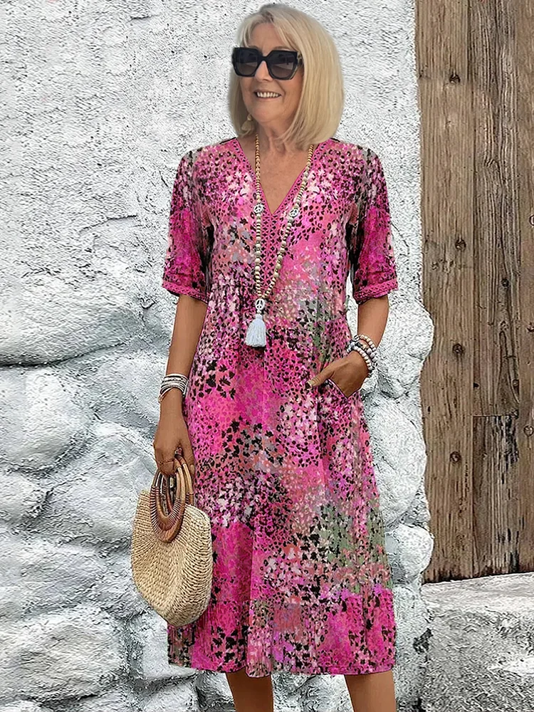 Robe Midi Imprimée Femme Bohème Col V
