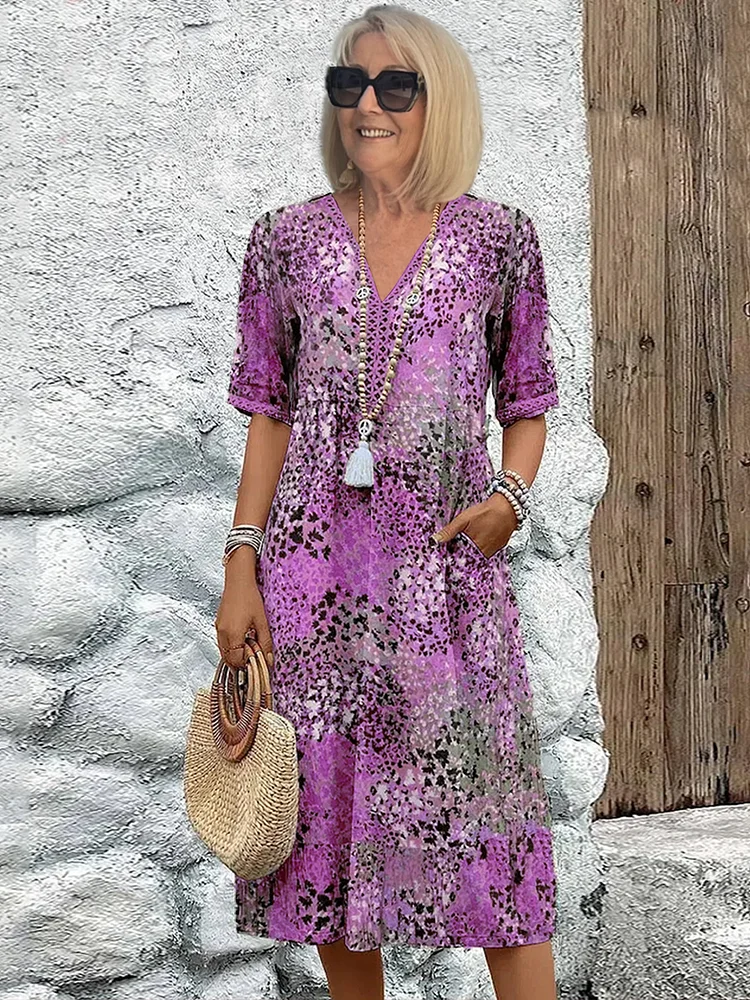 Robe Midi Imprimée Femme Bohème Col V