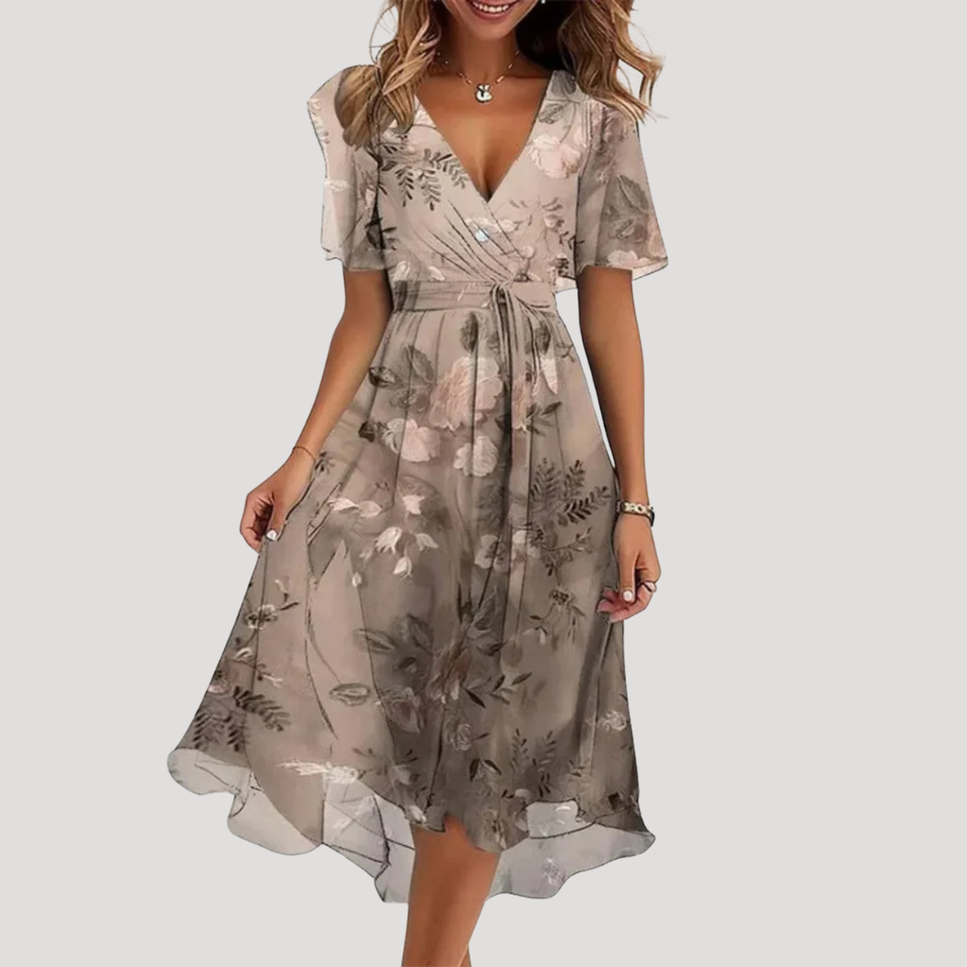 Abito midi a portafoglio da donna con motivi floreali e gonna fluida