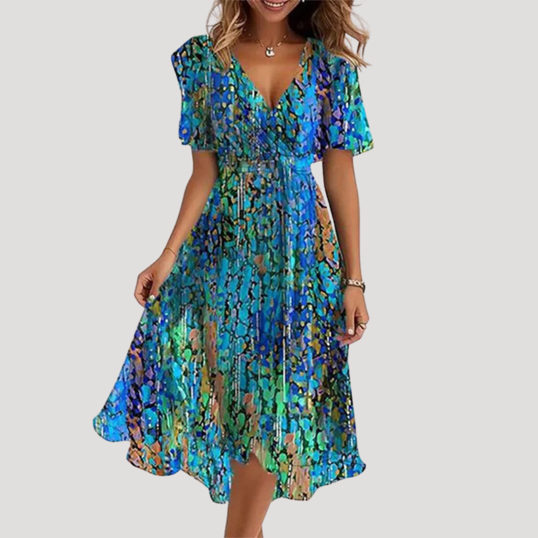 Abito midi a portafoglio da donna con motivi floreali e gonna fluida