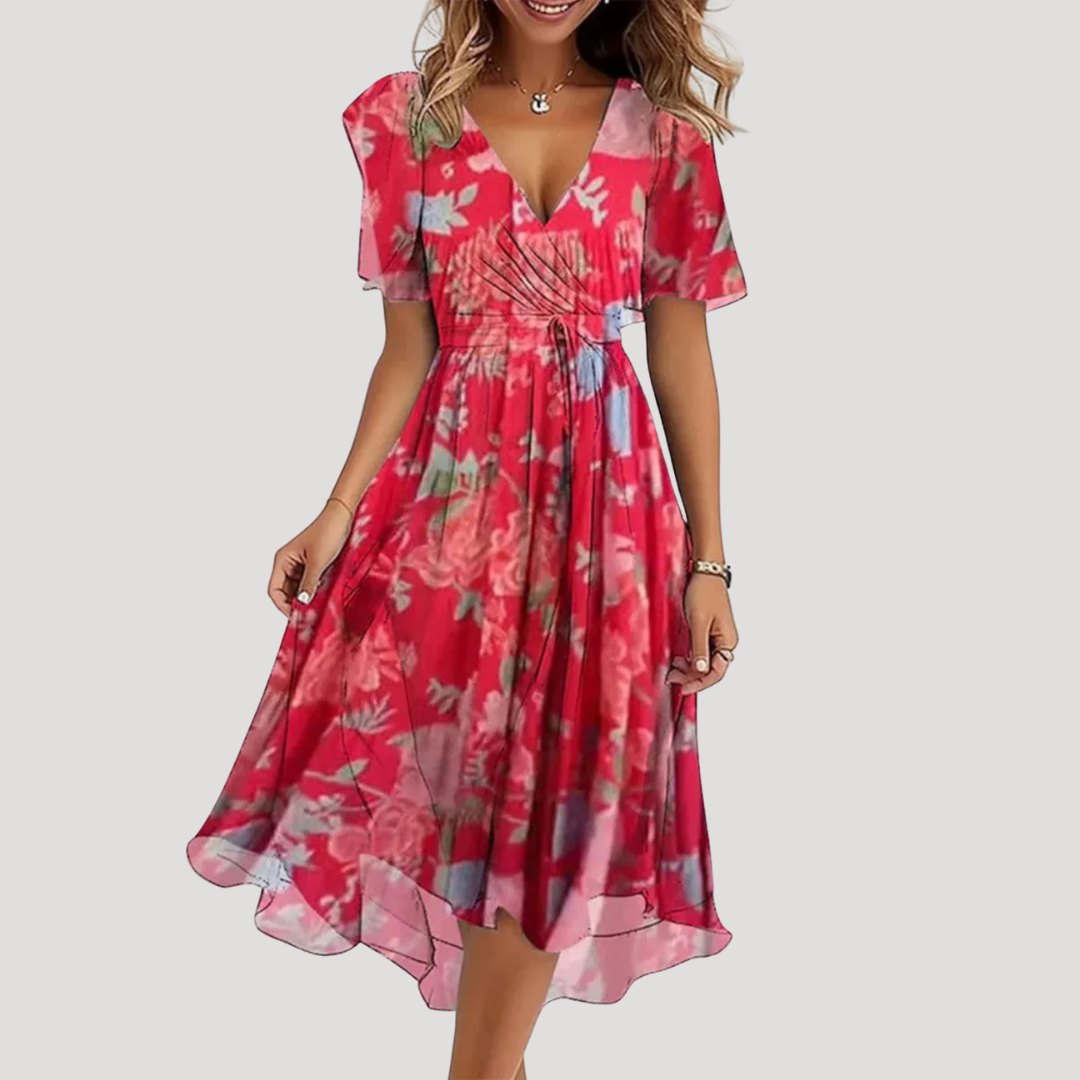 Abito midi a portafoglio da donna con motivi floreali e gonna fluida