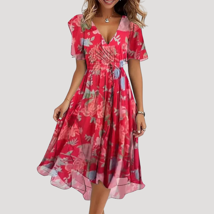 Abito midi a portafoglio da donna con motivi floreali e gonna fluida