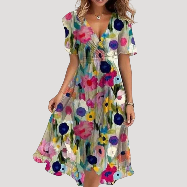 Abito midi a portafoglio da donna con motivi floreali e gonna fluida