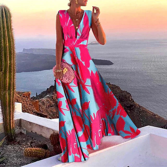 Robe Maxi Imprimée Col V Femme Sans Manches
