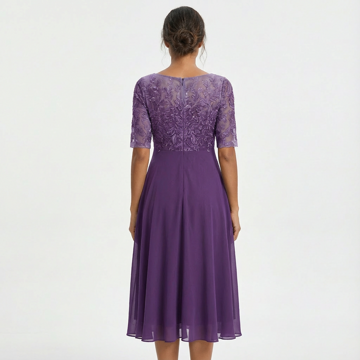 Robe Midi Dentelle Femme Manches Mi-Longues Cérémonie