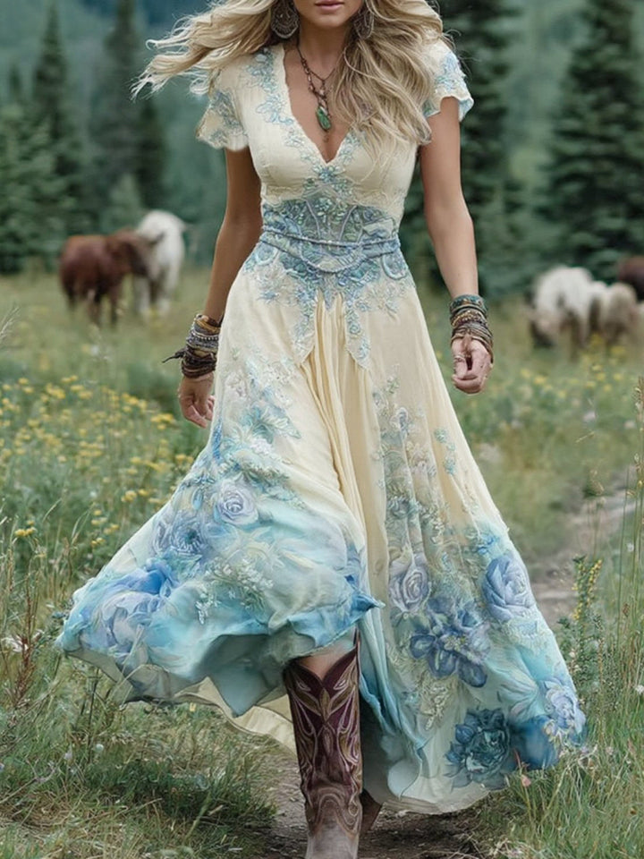 Robe Maxi Bohème Fleurie Femme Col V