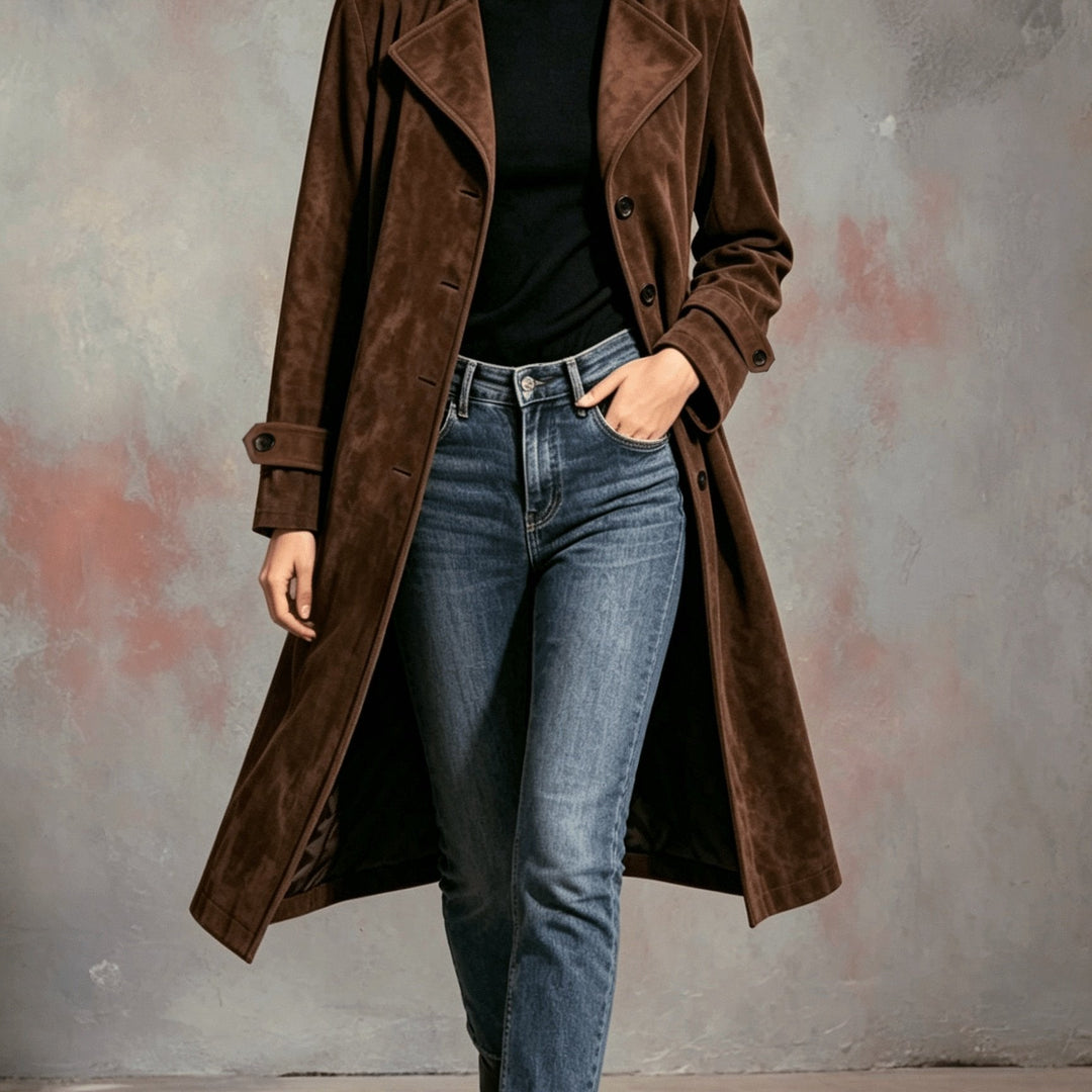 Gabardina larga para mujer de ante de inspiración vintage