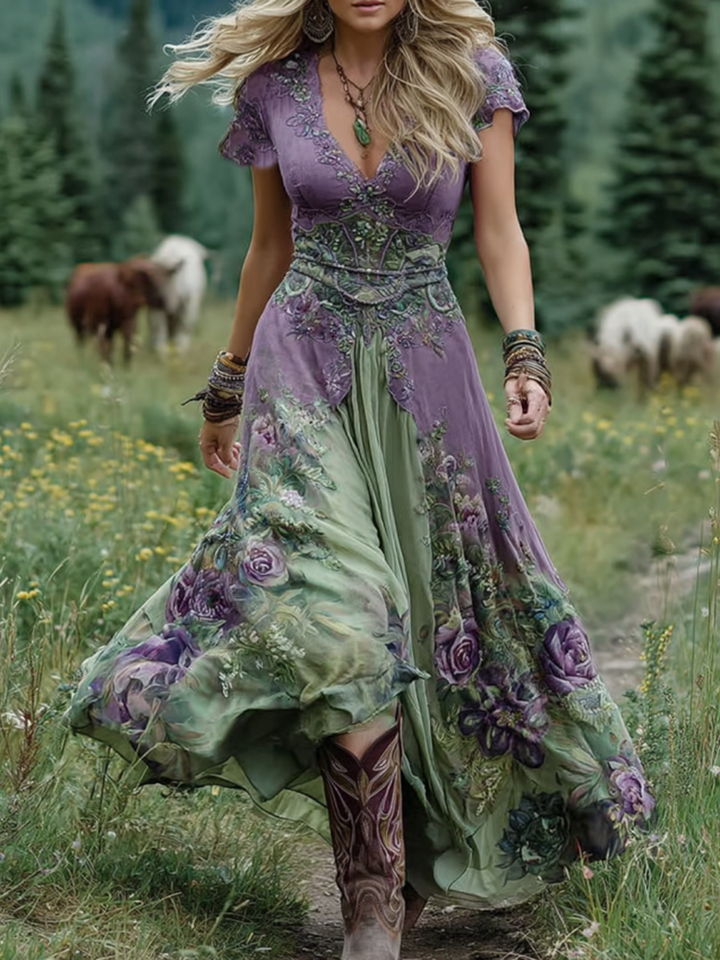 Robe Maxi Bohème Fleurie Femme Col V
