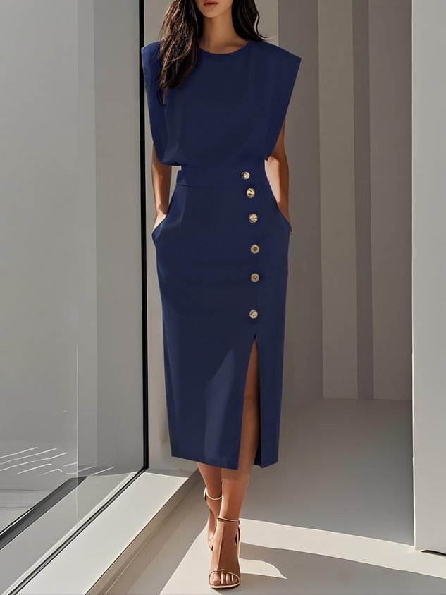 Robe Midi Femme Sans Manches Boutons Décoratifs