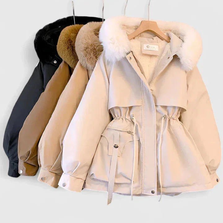 Chaqueta de invierno con capucha para mujer y cuello de piel sintética