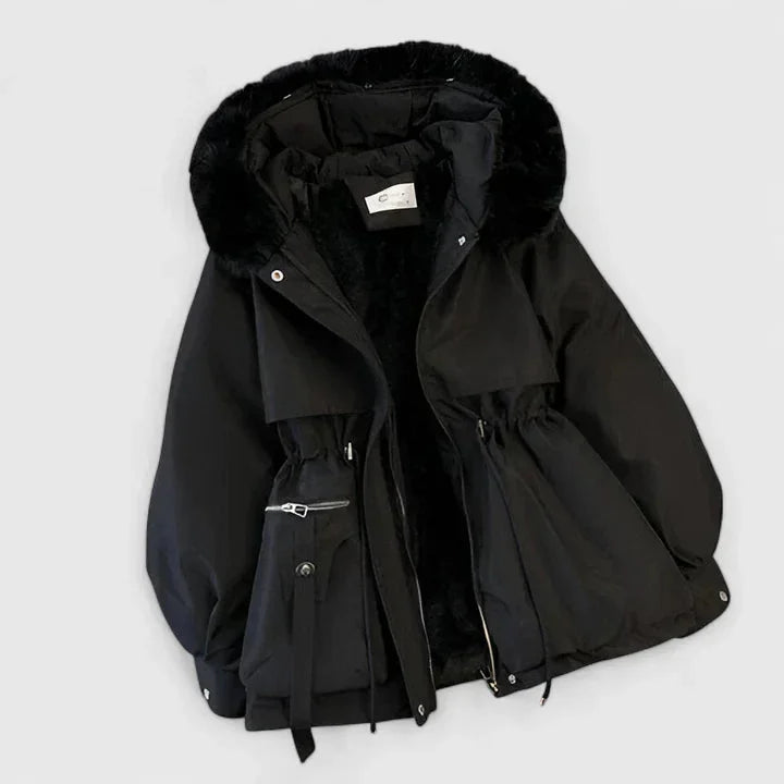 Chaqueta de invierno con capucha para mujer y cuello de piel sintética
