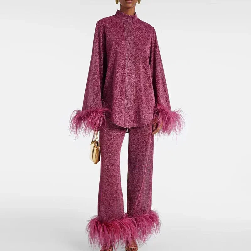 Ensemble Chemise Pantalon Femme Détails Plumes