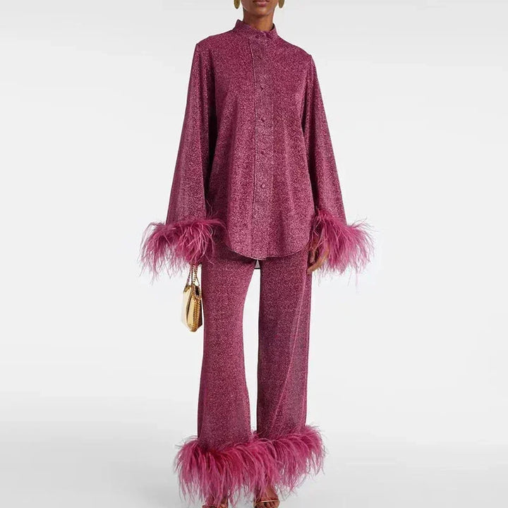 Ensemble Chemise Pantalon Femme Détails Plumes