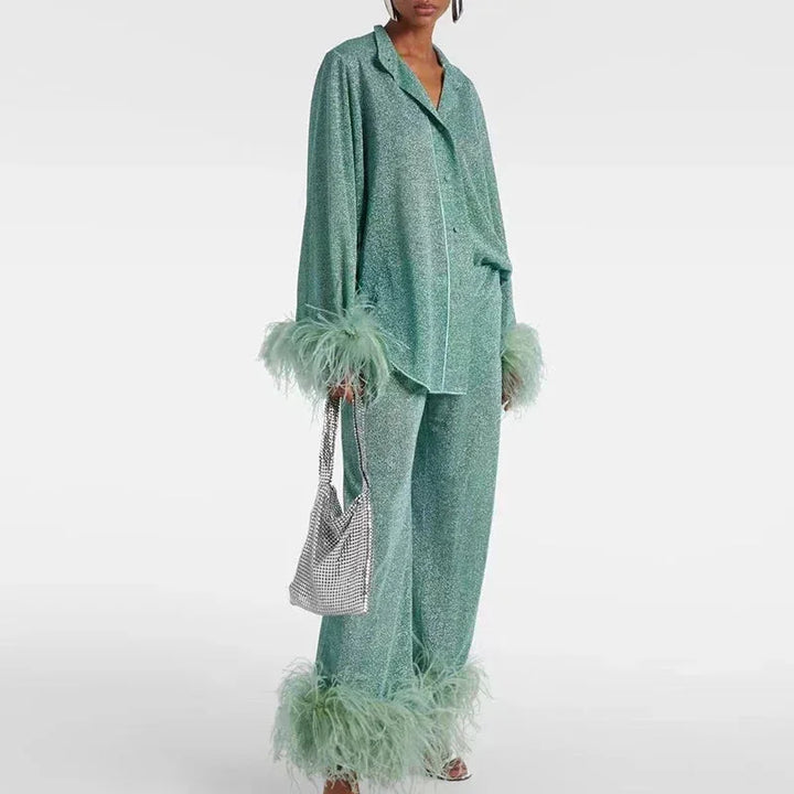 Ensemble Chemise Pantalon Femme Détails Plumes