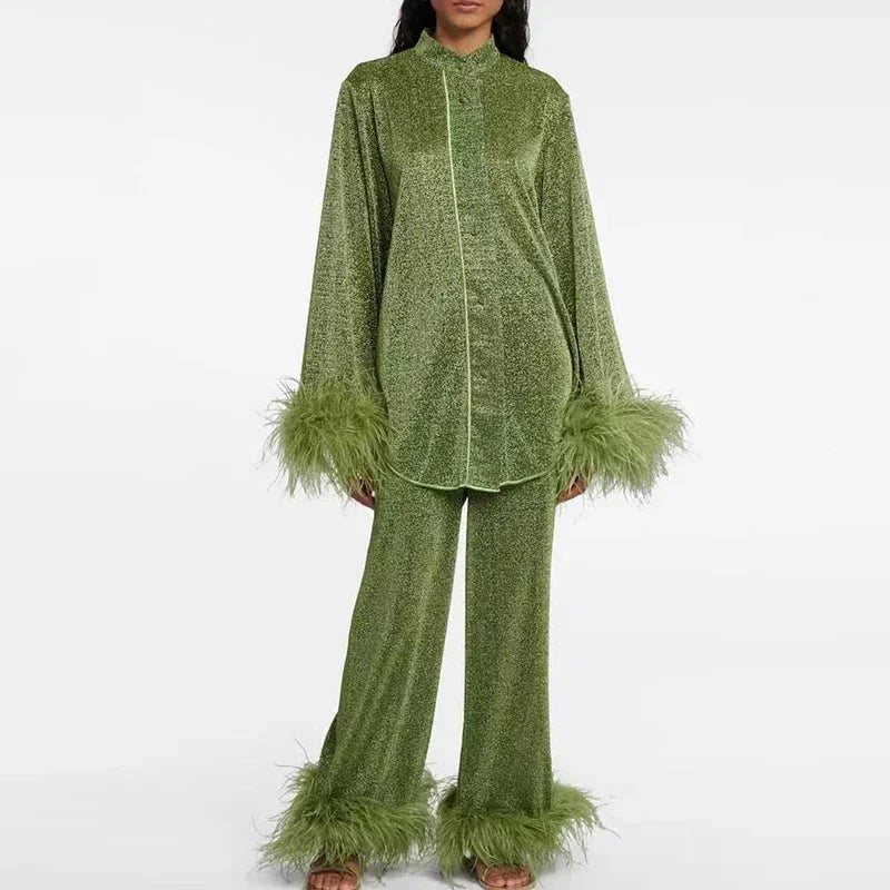 Ensemble Chemise Pantalon Femme Détails Plumes