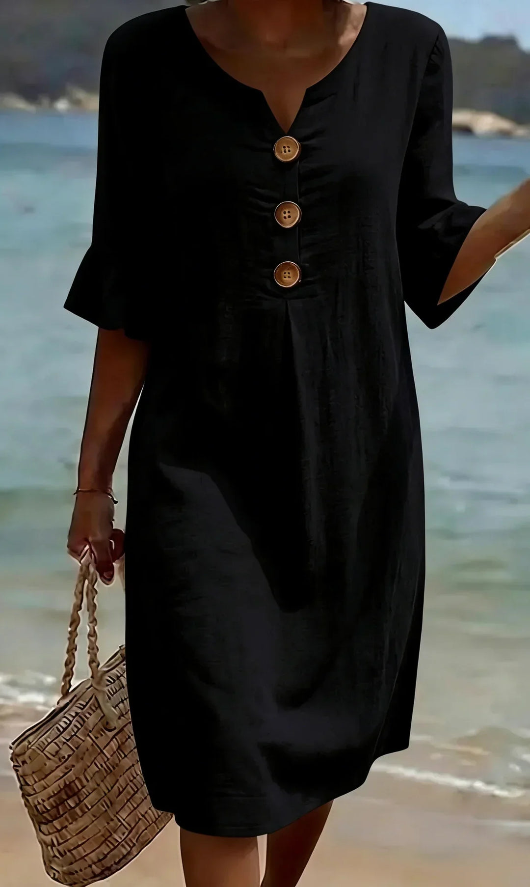 Robe Courte Femme Boutons Décoratifs Manches Volantées