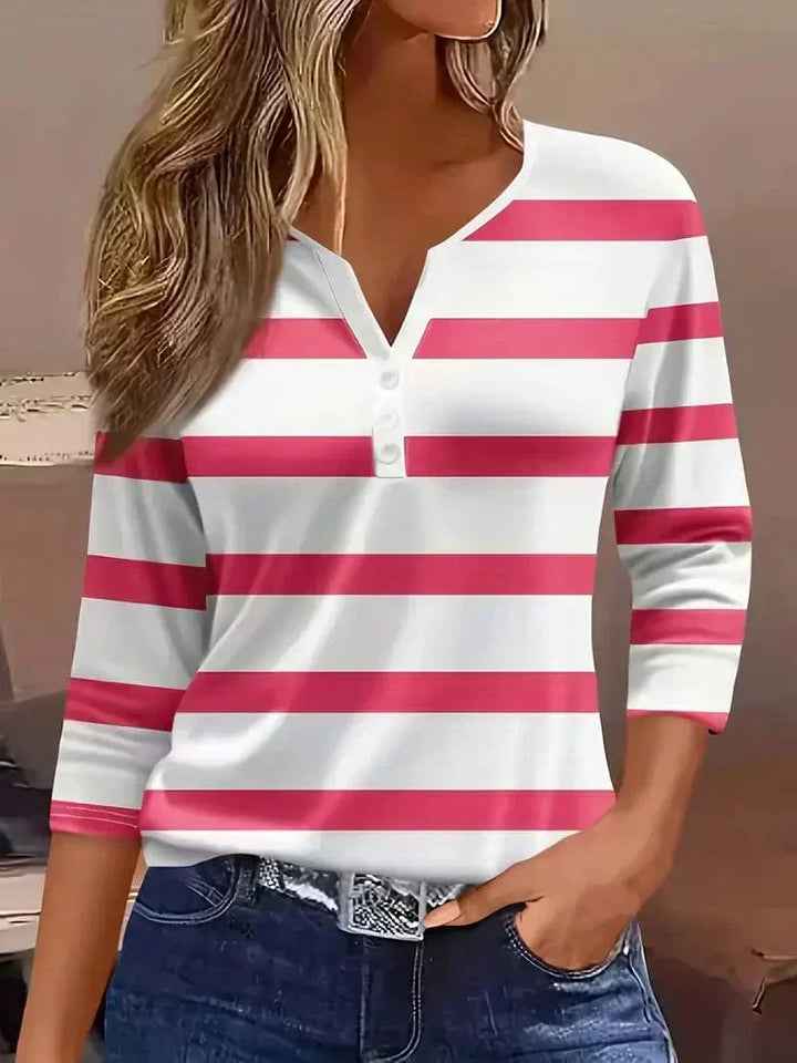 Top Rayé Encolure V Manches Trois-Quarts Femme