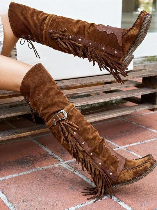Bottes Hautes En Daim Pour Femme Avec Franges