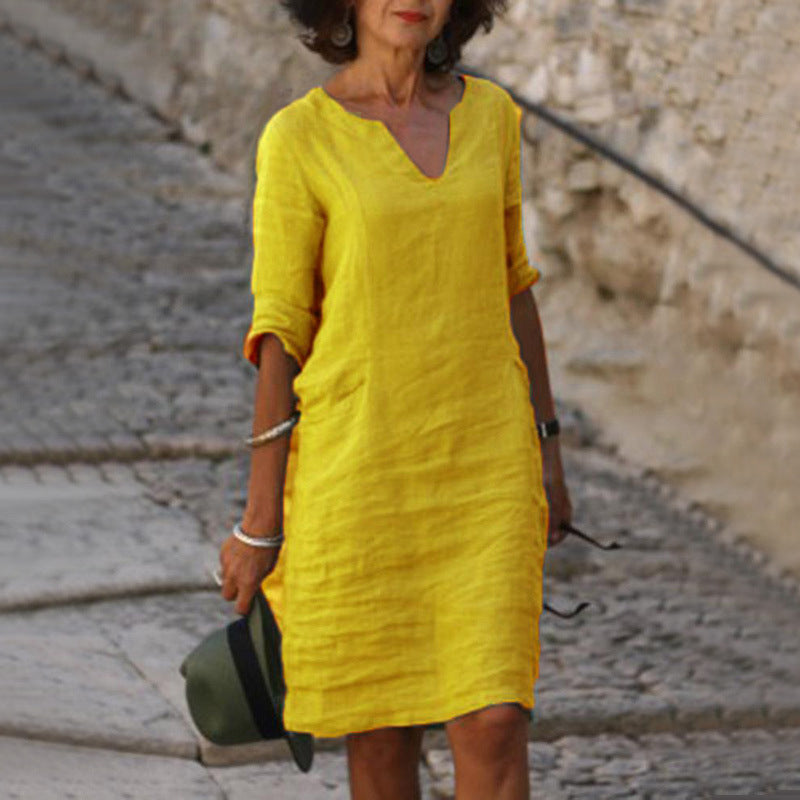 Robe Midi Femme Col V Manches 3/4
