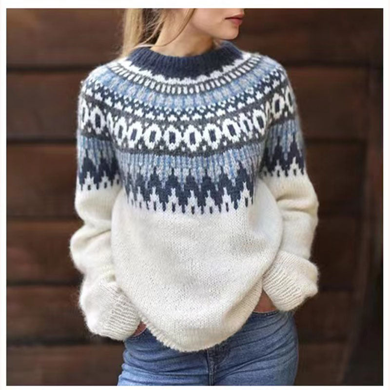 Damtröja med rund halsringning och Fair Isle-mönster för vintern
