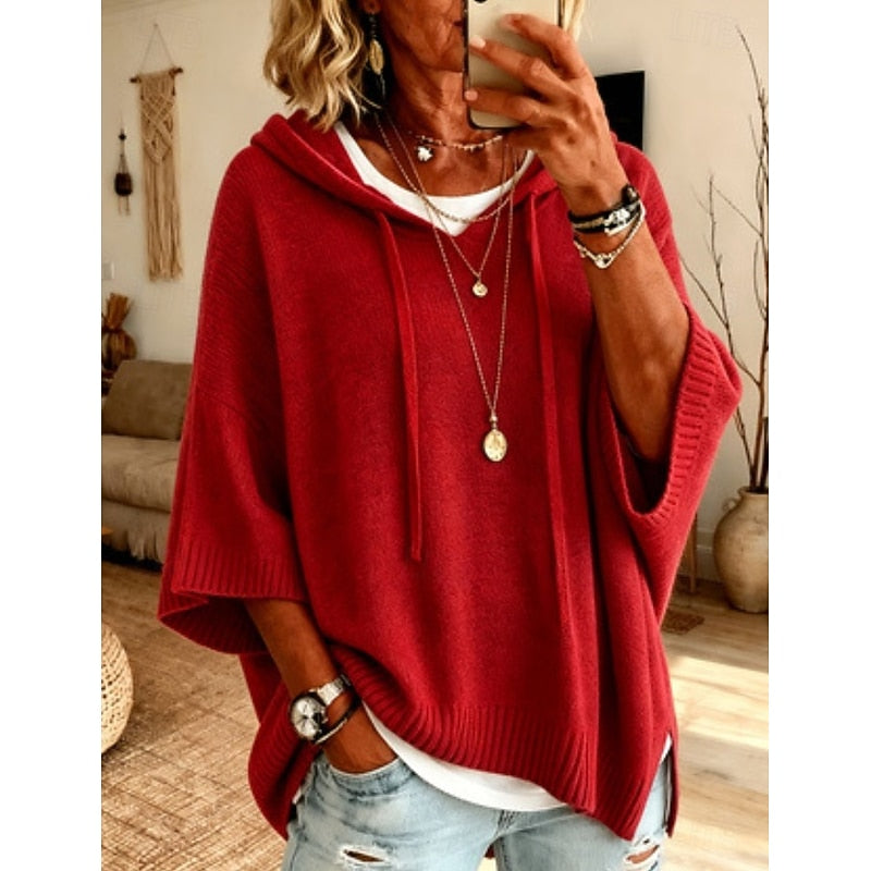 Poncho de punto tipo jersey oversize con capucha para mujer