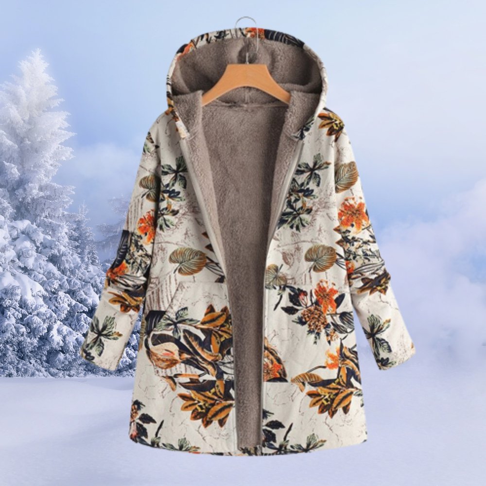 Damen-Sherpa-Mantel mit Blumenmuster und Kapuze