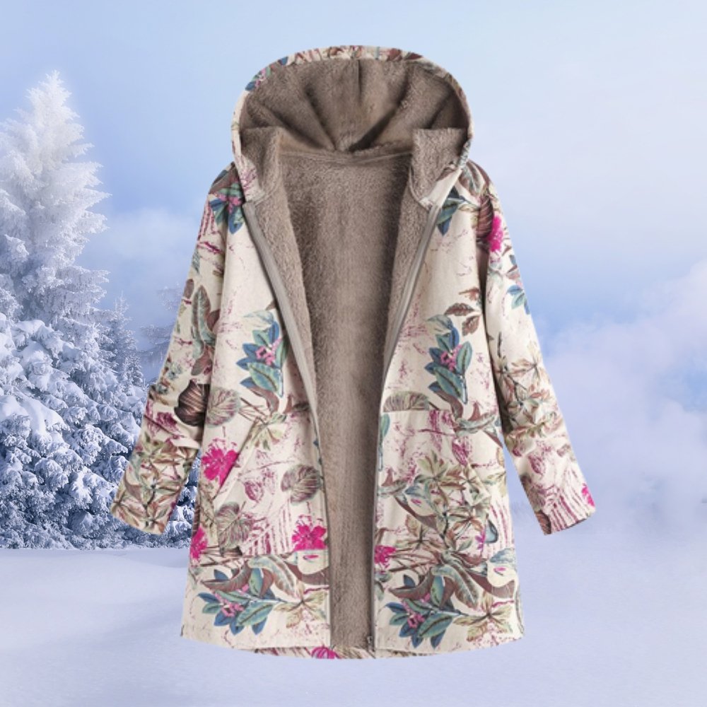Damen-Sherpa-Mantel mit Blumenmuster und Kapuze