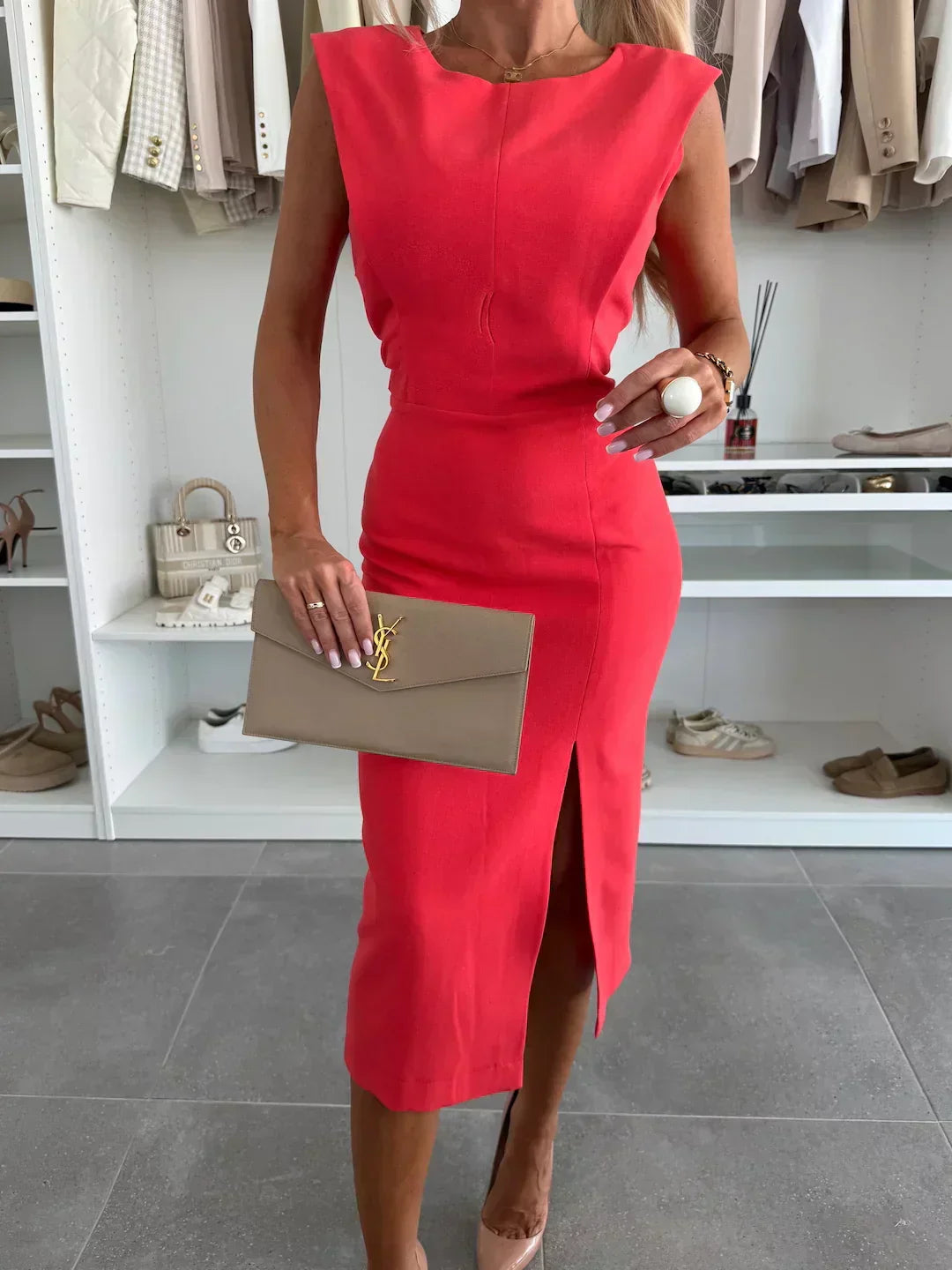 Robe Midi Sans Manches Femme Fente Latérale