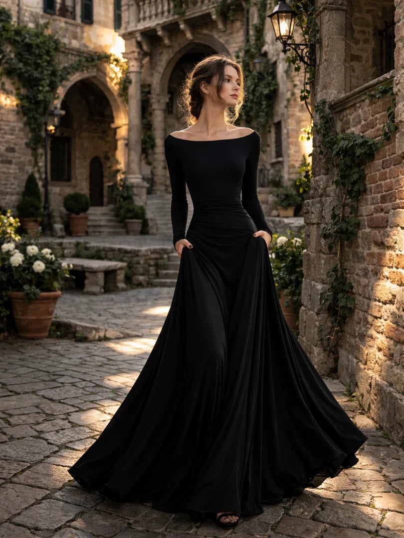 Abito lungo da donna a maniche lunghe e spalle scoperte