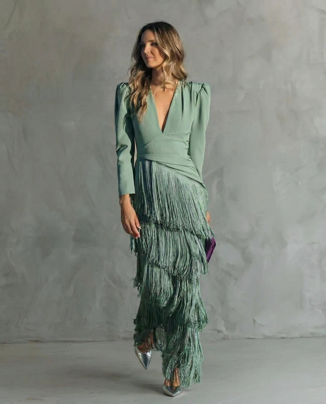 Robe Maxi Franges Femme Décolleté Manches Longues