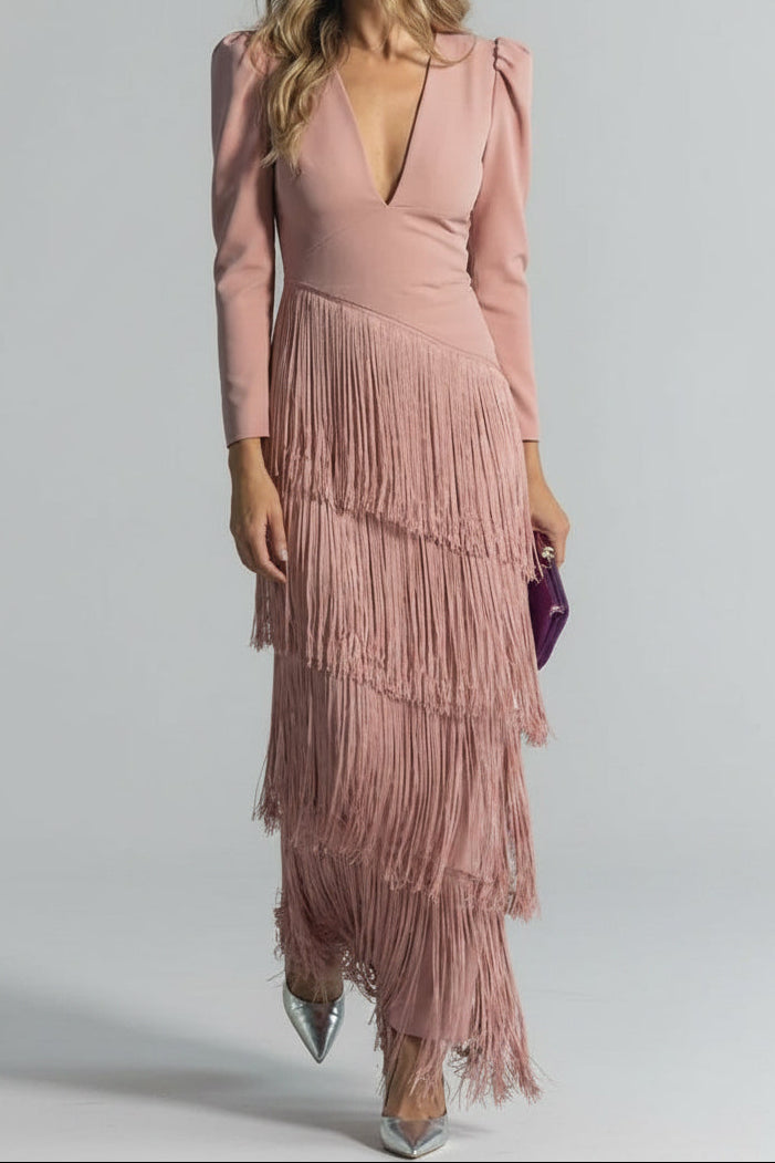 Robe Maxi Franges Femme Décolleté Manches Longues