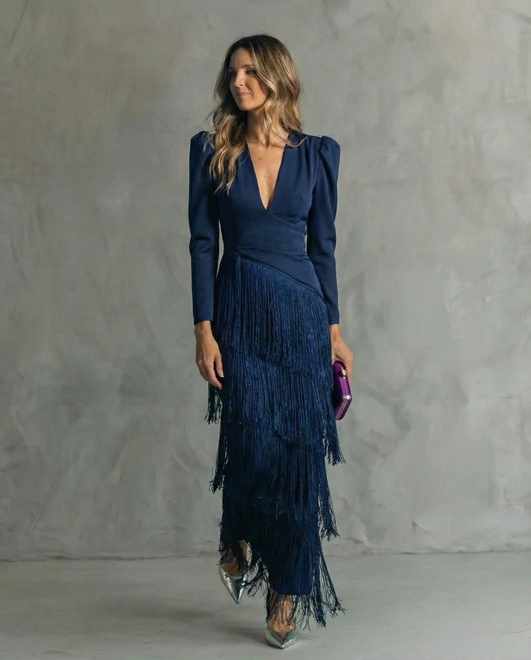 Robe Maxi Franges Femme Décolleté Manches Longues