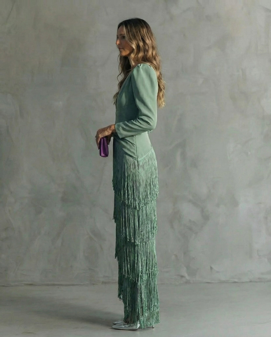 Robe Maxi Franges Femme Décolleté Manches Longues