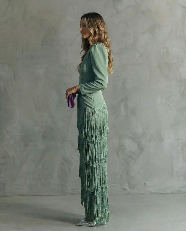 Robe Maxi Franges Femme Décolleté Manches Longues