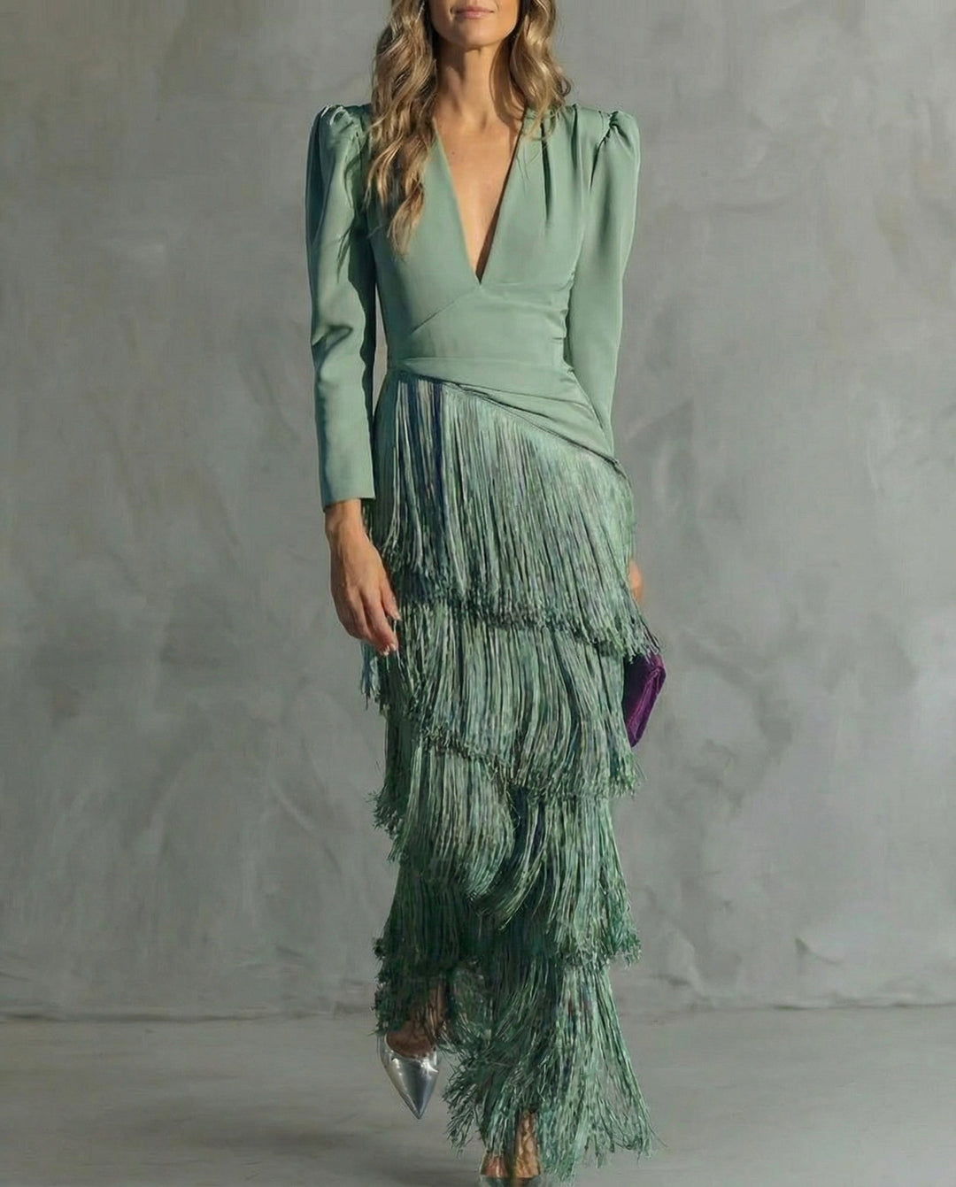 Robe Maxi Franges Femme Décolleté Manches Longues