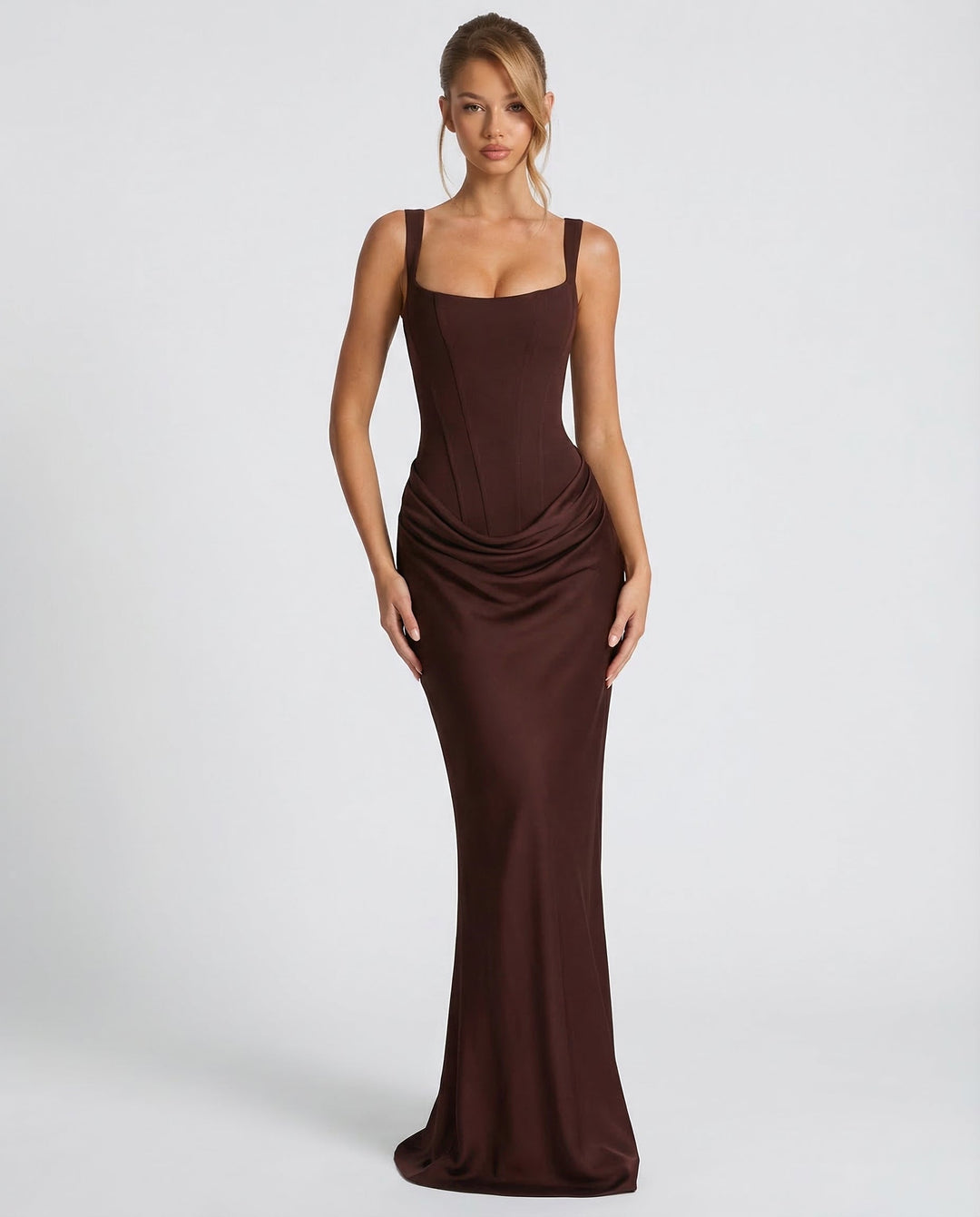 Robe longue col carré taille drapée pour femme