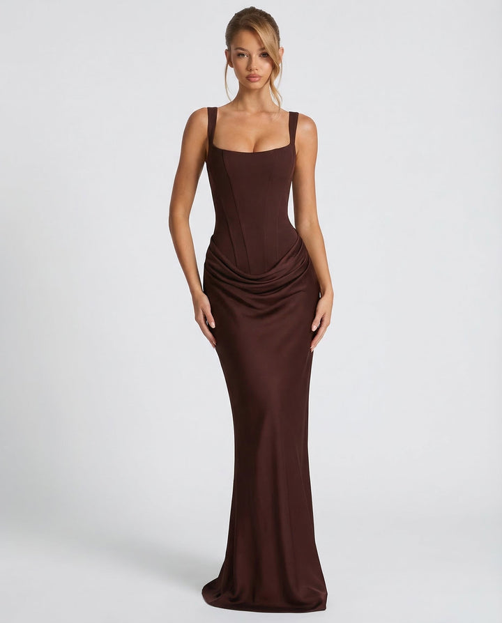 Robe longue col carré taille drapée pour femme