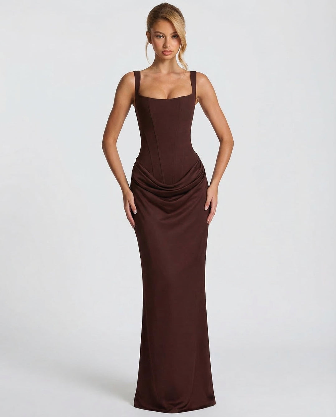 Robe longue col carré taille drapée pour femme