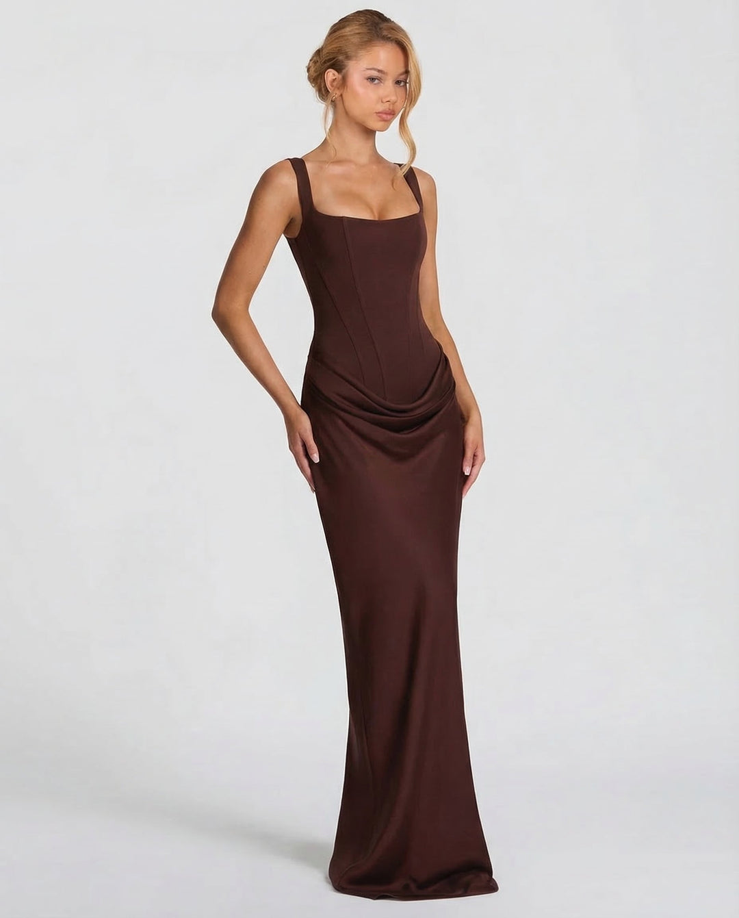 Robe longue col carré taille drapée pour femme